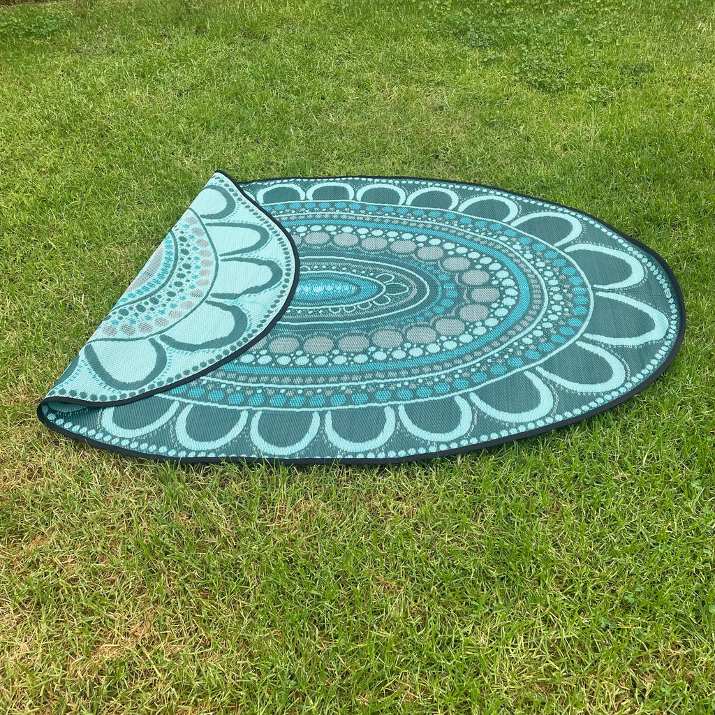 Yarning Oval Outdoor Mat full design view — durable UV resistant Indigenous art oval outdoor mat for Australian school outdoor environments