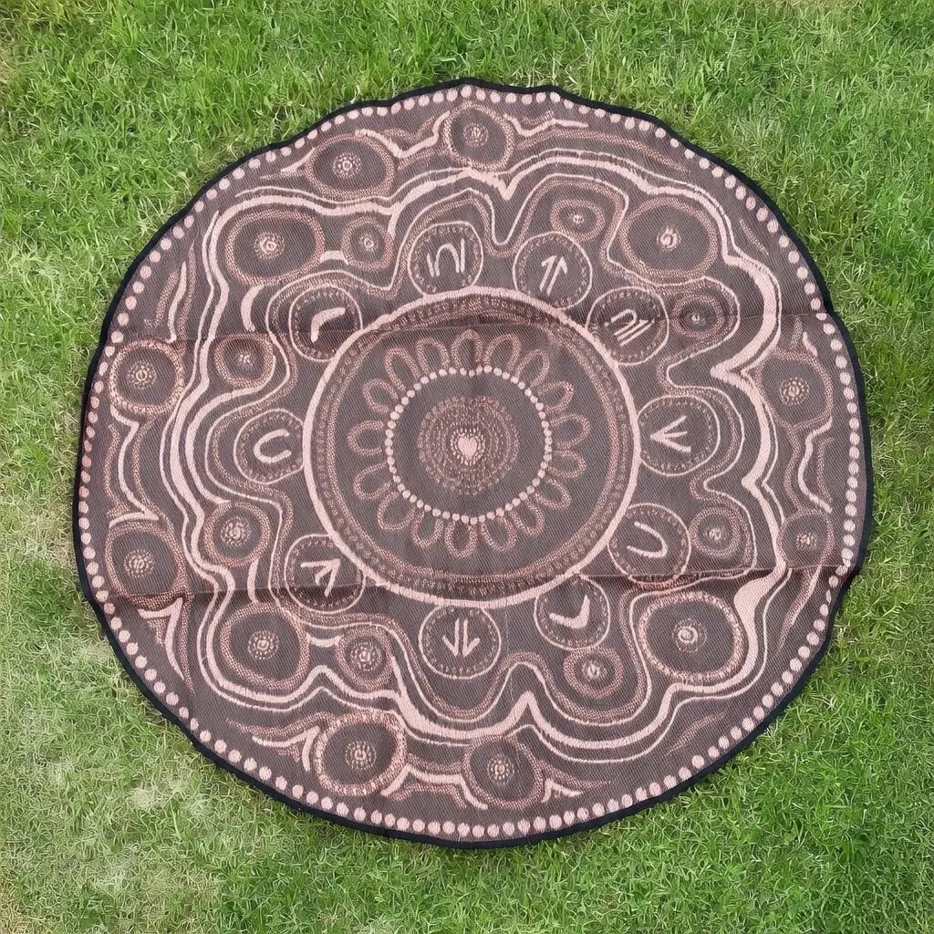 Yarning Circle Outdoor Mat in use — children gathered on Indigenous art outdoor mat for outdoor group time and yarning circle