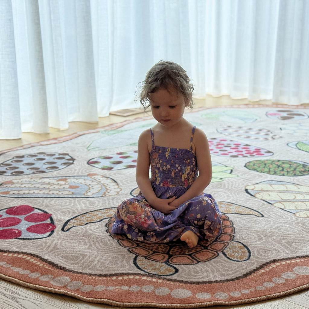 Coolamon Bush Tucker carpet in classroom setting — children gathered on Indigenous art rug celebrating Aboriginal cultural traditions