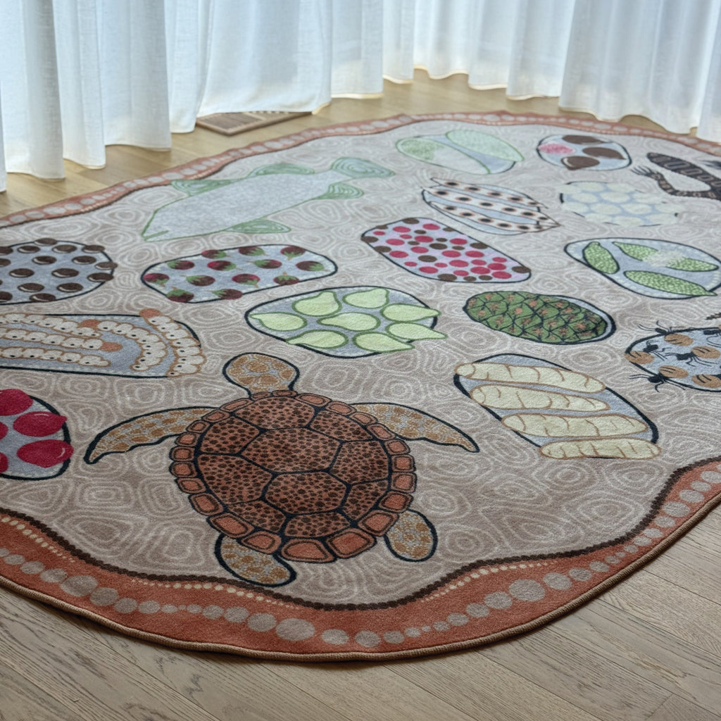Coolamon Bush Tucker classroom carpet — Wiradjuri artist Shareen Clayton's Aboriginal art design, durable soft pile rug for Australian classrooms