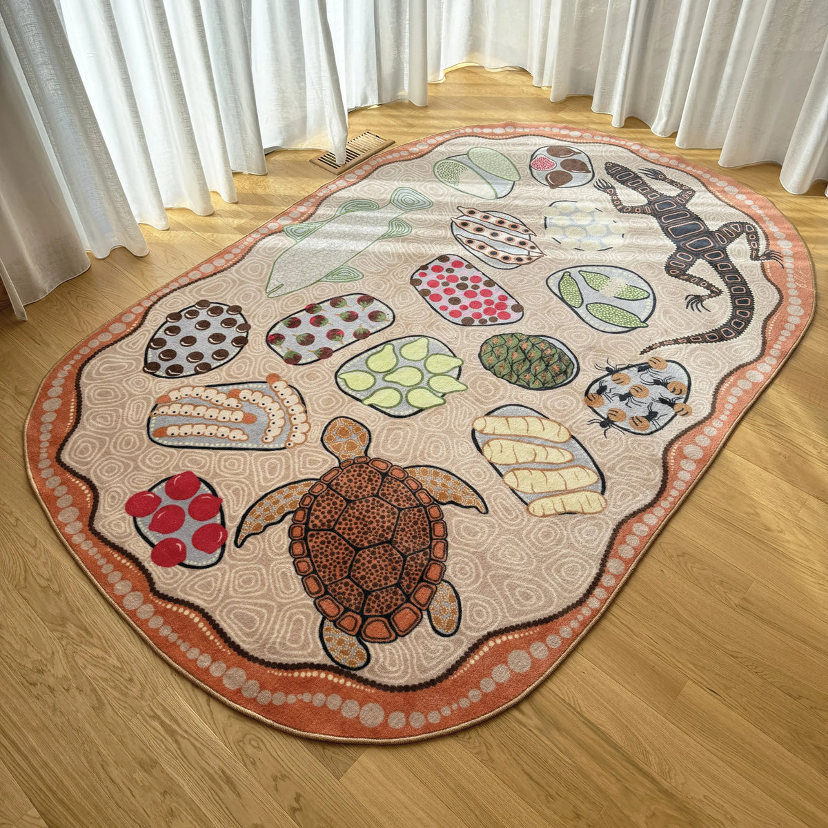 Coolamon Bush Tucker classroom carpet with children — Aboriginal art rug by Wiradjuri artist Shareen Clayton, PRE ORDER arriving June 2026