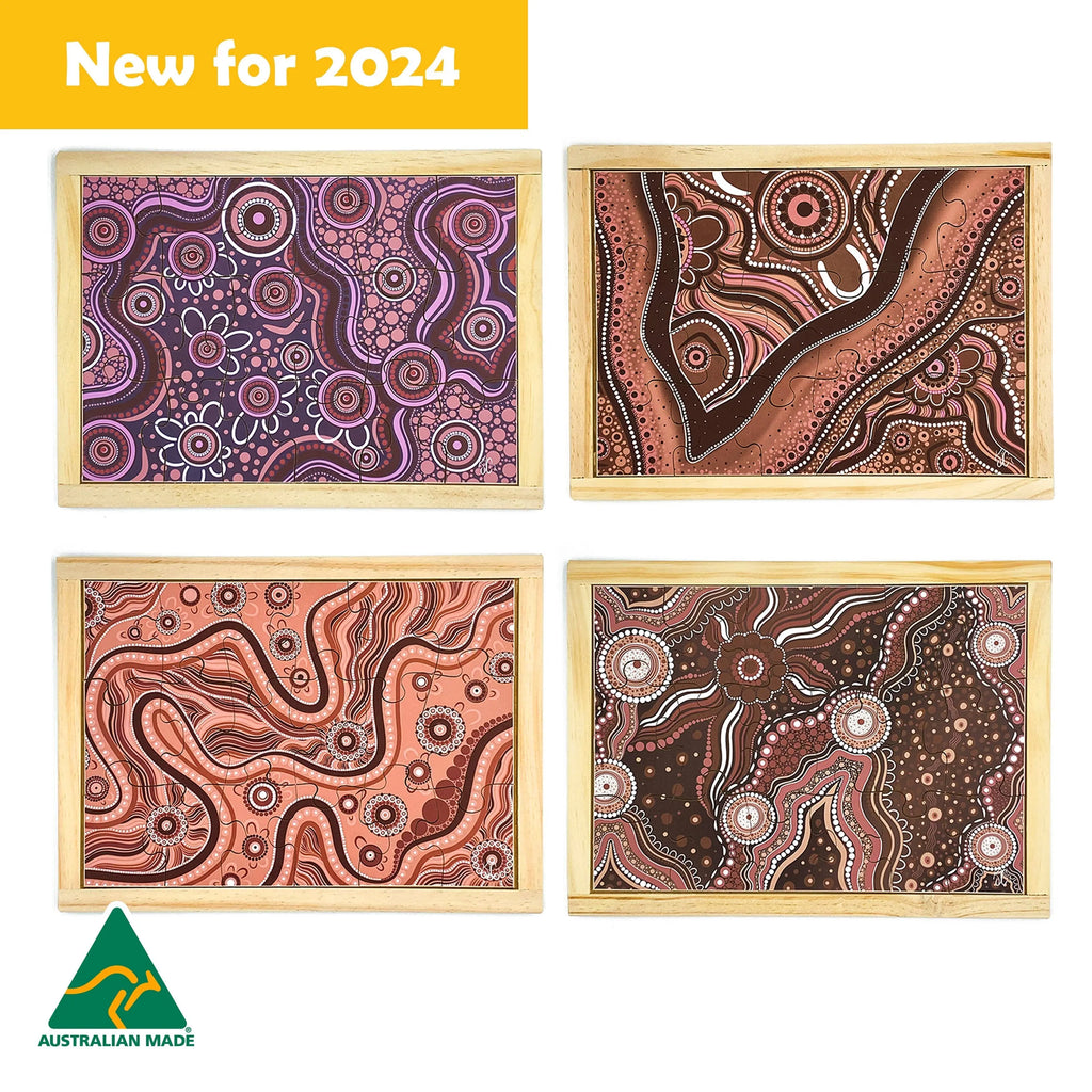 Aboriginal Art Earth Dreaming Puzzle Set of 4 — Australian-made set of 4 hand-painted Aboriginal Dreaming wooden puzzles