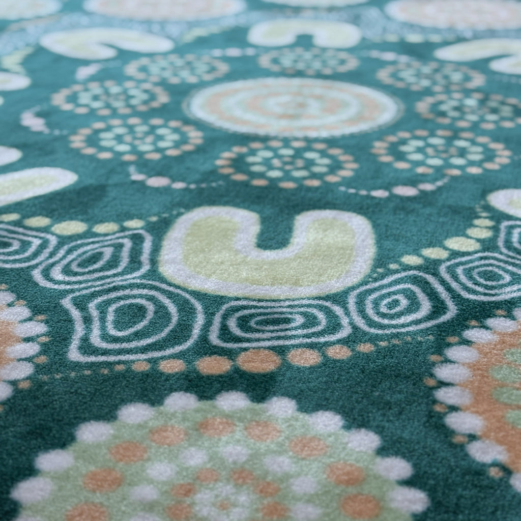 Sage Yarning Circle rug in classroom setting — beautiful sage coloured Aboriginal art gathering rug for Australian early childhood classrooms
