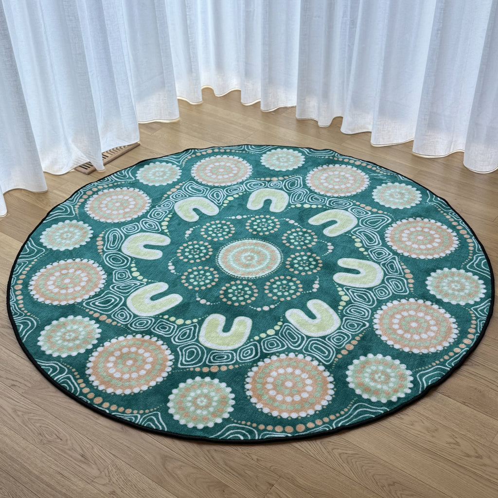 Sage Yarning Circle classroom rug — new sage green Aboriginal art round classroom rug by Shareen Clayton, PRE ORDER arriving June 2026