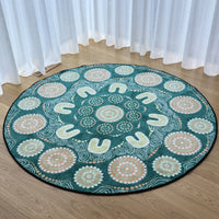 Sage Yarning Circle classroom rug — new sage green Aboriginal art round classroom rug by Shareen Clayton, PRE ORDER arriving June 2026