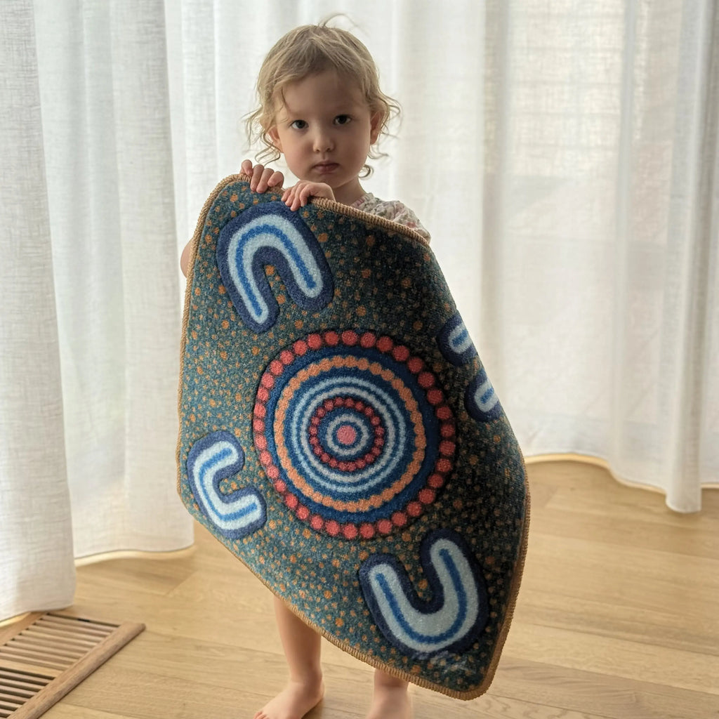 Indigenous Symbols Rug Squares arranged in classroom — modular Aboriginal art rug squares for yarning circles and group learning activities