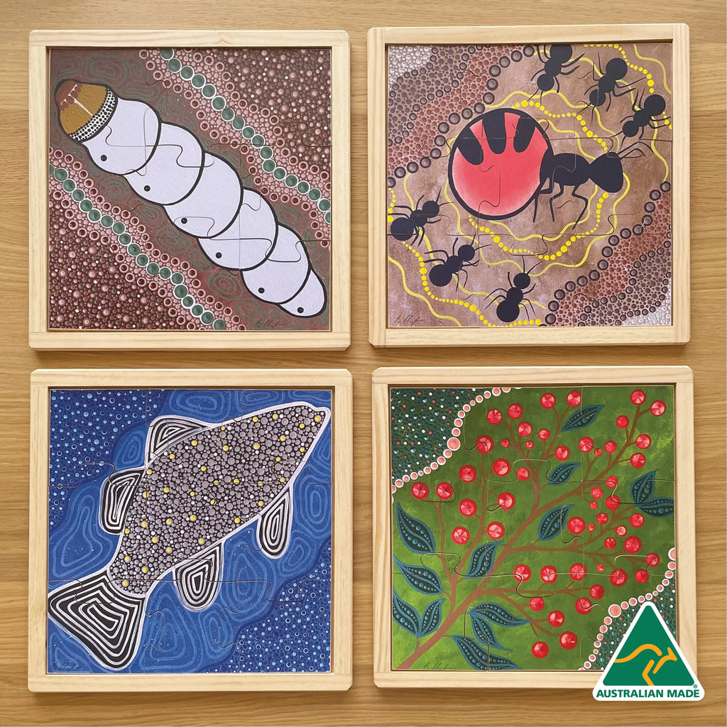 Aboriginal Art Bush Tucker Puzzle Set of 4 — Australian-made set of 4 hand-painted Aboriginal bush tucker wooden puzzles