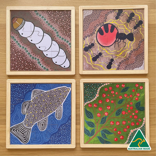 Aboriginal Art Bush Tucker Puzzle Set of 4 — Australian-made set of 4 hand-painted Aboriginal bush tucker wooden puzzles
