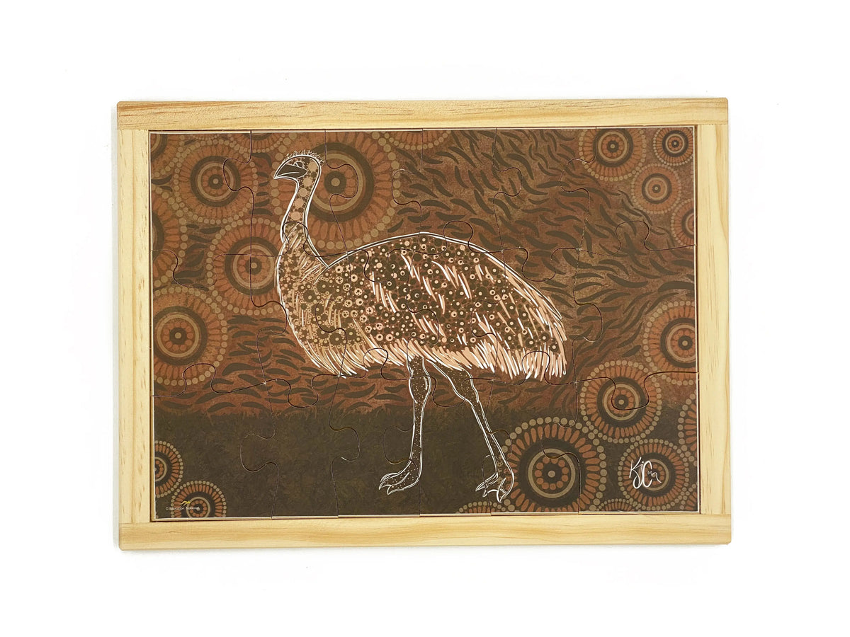 Aboriginal Art Emu Dreaming Puzzle — hand-painted wooden jigsaw puzzle — Australian-made early learning resource, ages 3+