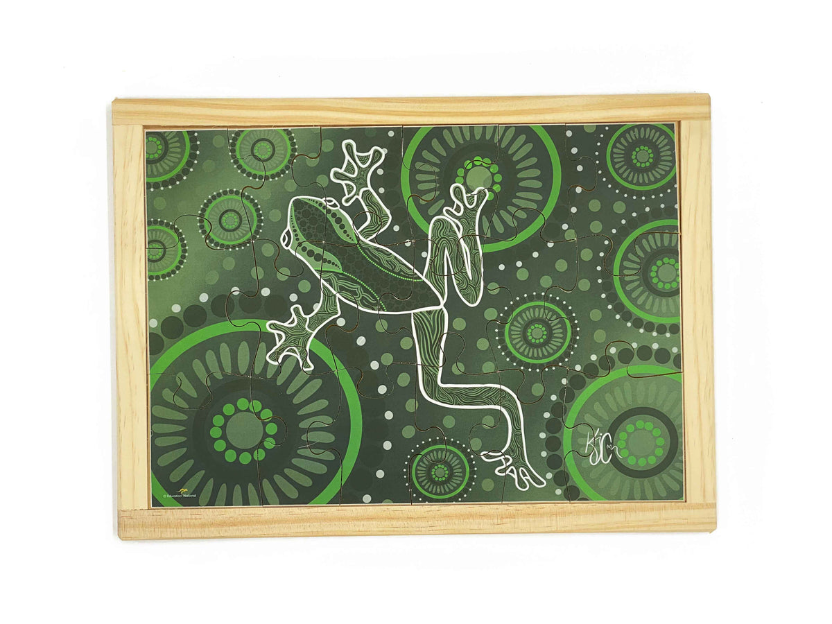 Aboriginal Art Frog Dreaming Puzzle — hand-painted wooden jigsaw puzzle — Australian-made early learning resource, ages 3+