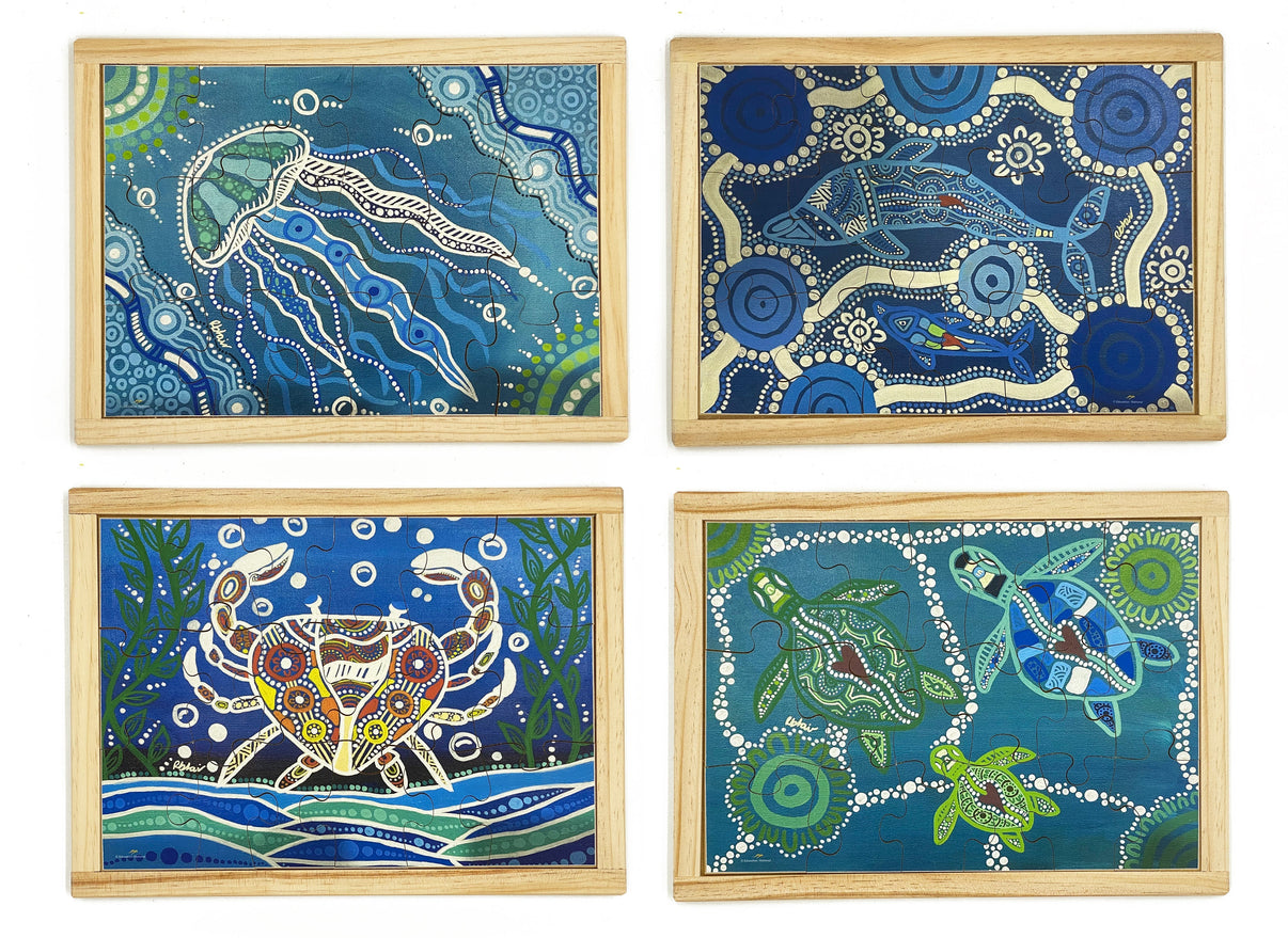 Aboriginal Art Sea Creatures Dreaming Puzzle Set of 4