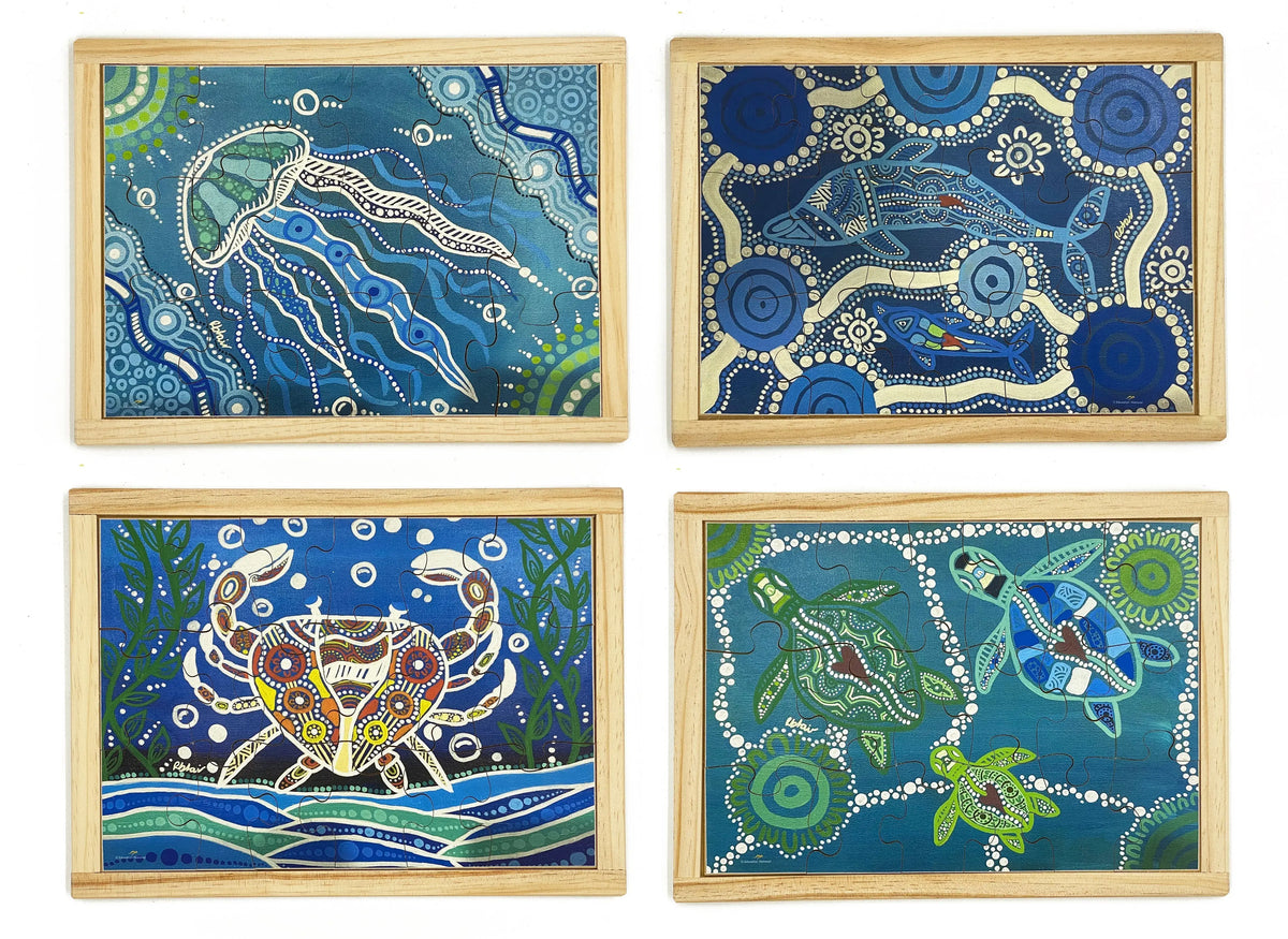 Aboriginal Art Sea Creatures Dreaming Puzzle Set of 4 — Australian-made wooden Indigenous sea creature puzzles set