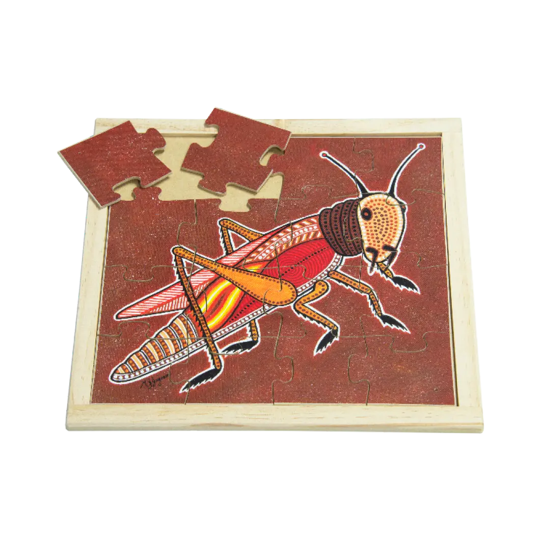Aboriginal Grasshopper Square Puzzle — hand-painted wooden Indigenous jigsaw puzzle — Australian-made, ages 3+