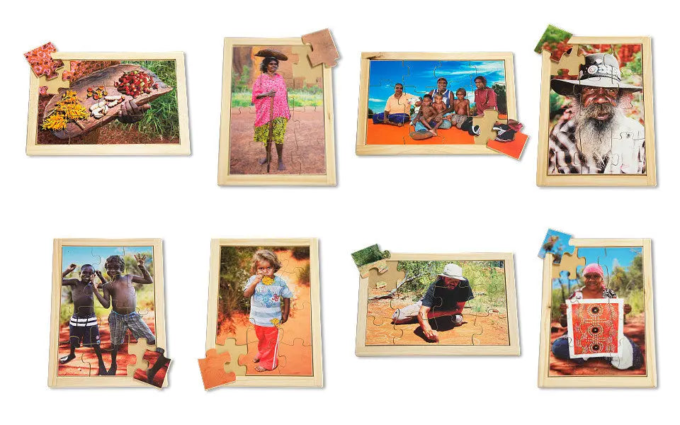Aboriginal People Puzzle Set with FREE Posters 8 Puzzles — Australian-made Indigenous wooden puzzle set