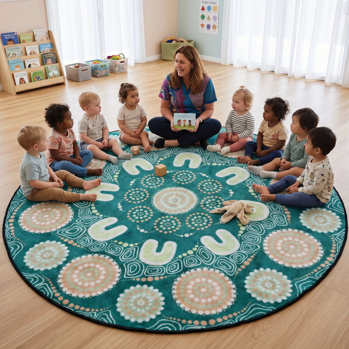 Sage Yarning Circle rug full design view — premium soft pile sage green Indigenous art classroom rug featuring Wiradjuri artist Shareen Clayton's design