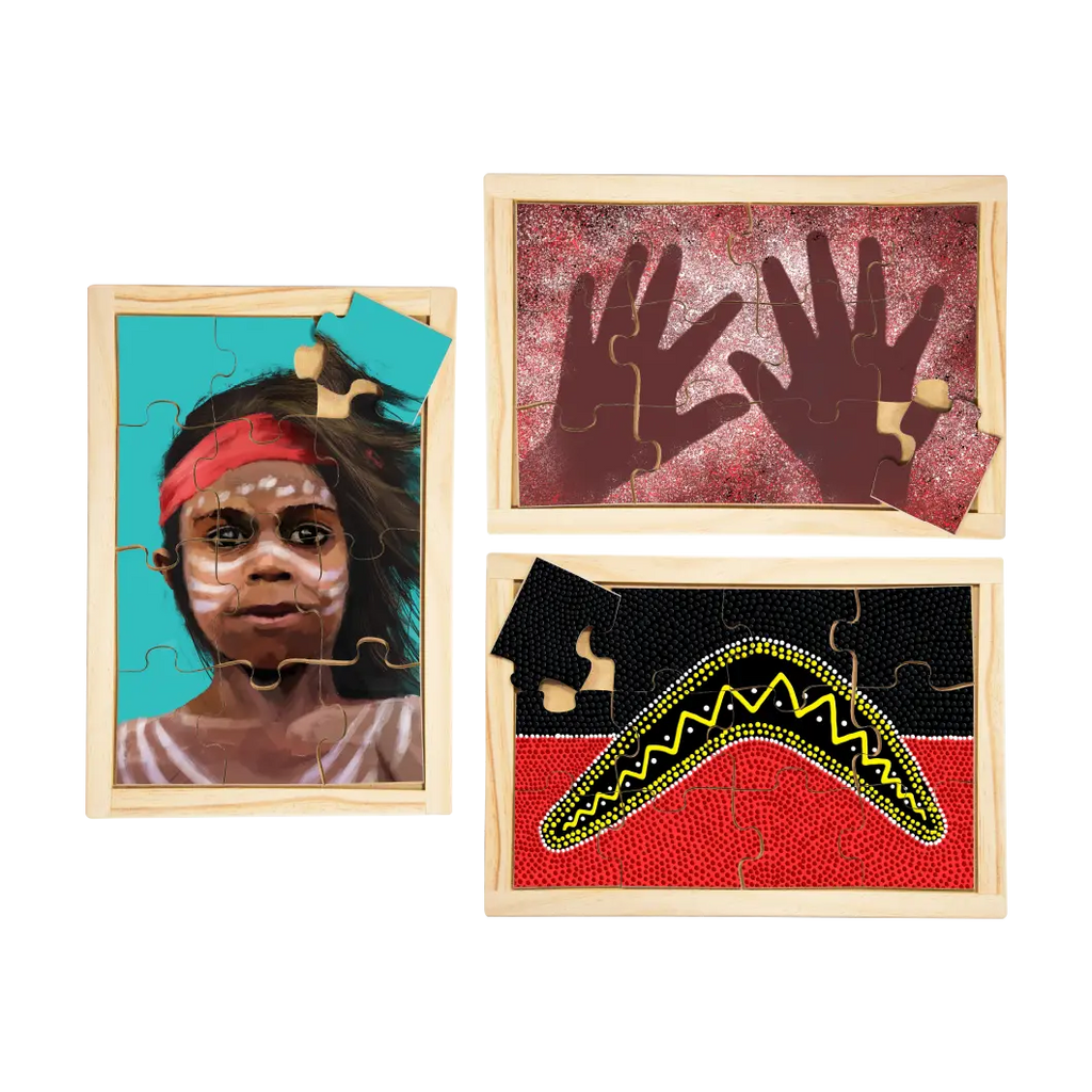 Aboriginal Traditions Puzzle Set — hand-painted wooden Indigenous jigsaw puzzles, Australian-made