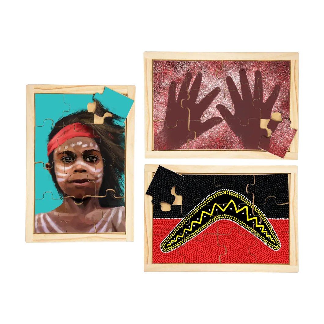 Aboriginal Traditions Puzzle Set — hand-painted wooden Indigenous jigsaw puzzles, Australian-made