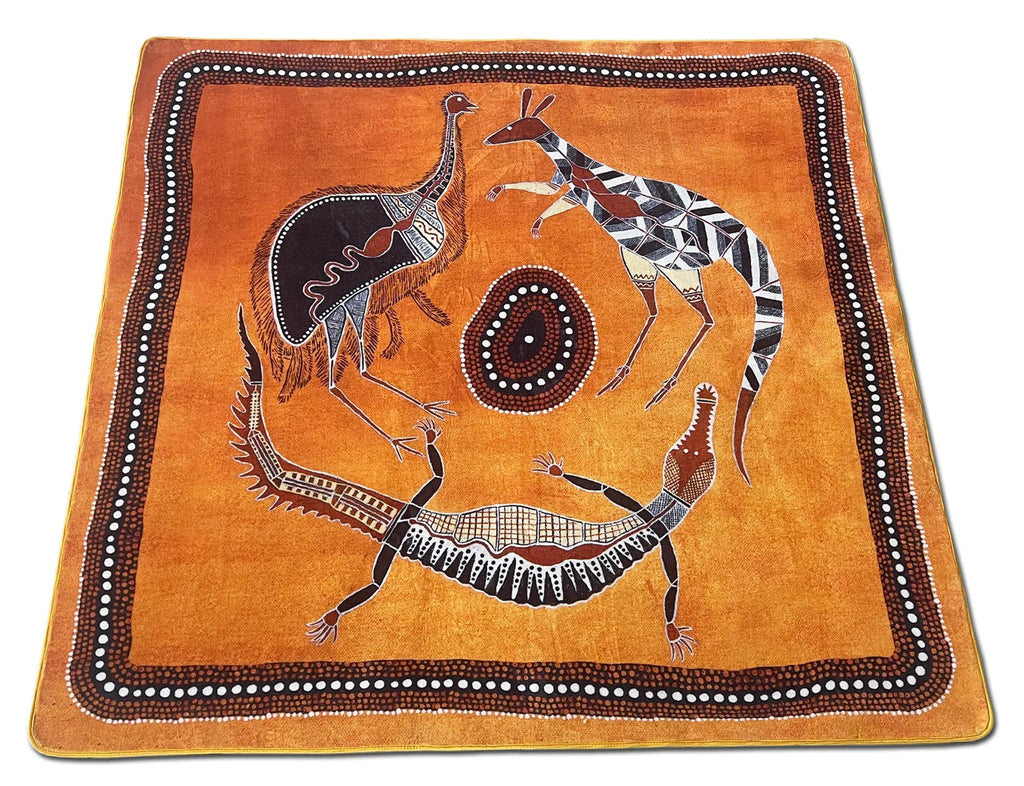 Animals around the Billabong Indigenous Rug — main view of Aboriginal art classroom rug, Australian-made