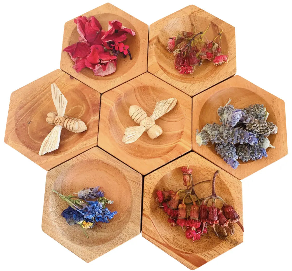 Beehive Bowl Plates Set of 7 — wooden beehive bowl plates set of 7 for early childhood imaginative play