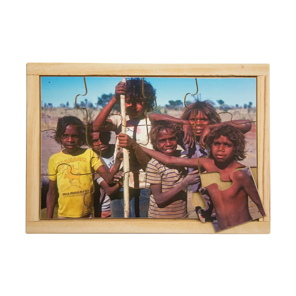 Boys with Snake Puzzle — hand-painted wooden Indigenous jigsaw puzzle — Australian-made early learning, ages 3+