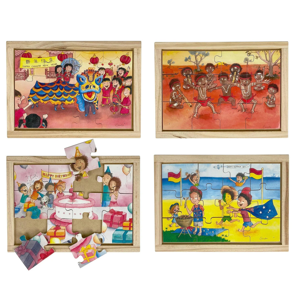 Celebrations Puzzle Set with FREE Posters — hand-painted wooden jigsaw puzzle — Australian-made early learning resource