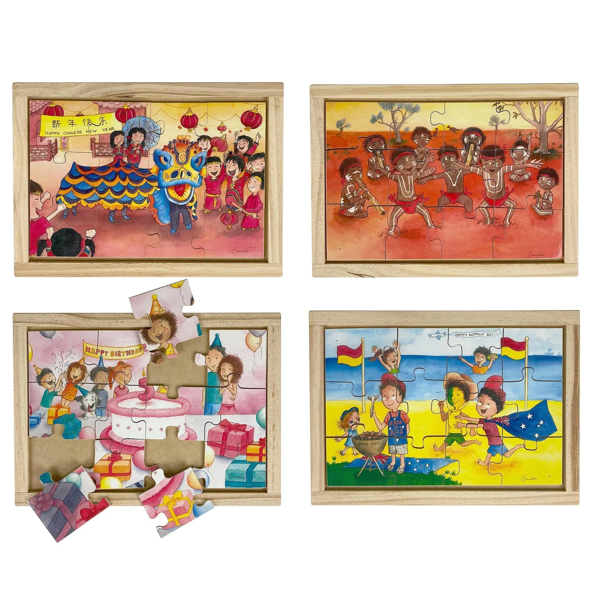 Celebrations Puzzle Set with FREE Posters — hand-painted wooden jigsaw puzzle — Australian-made early learning resource
