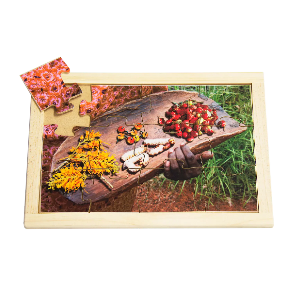 Collecting Bush Tucker Puzzle — hand-painted wooden Indigenous jigsaw puzzle — Australian-made early learning, ages 3+
