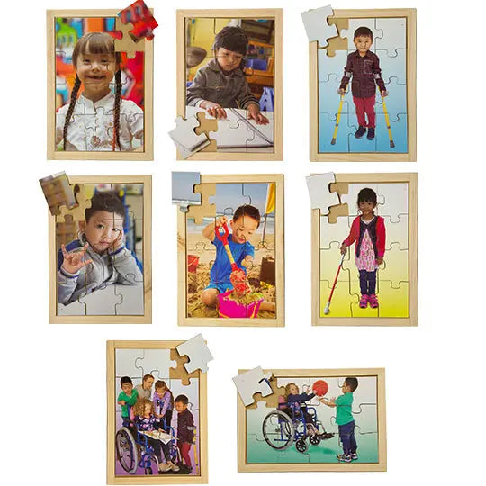 Different Abilities Puzzle Set with FREE Posters — 8 wooden inclusion-themed puzzles for early learning