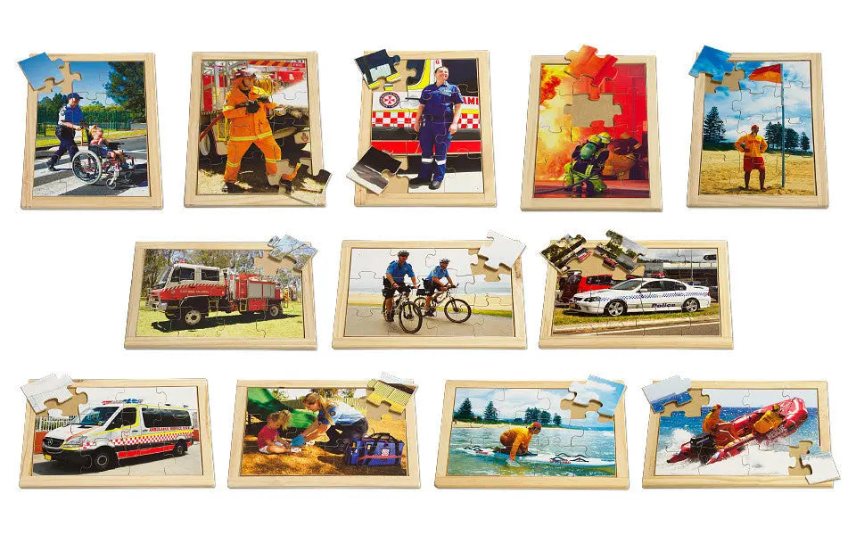 Emergency Puzzle Set with FREE Posters — Australian-made wooden emergency services puzzles for early learning