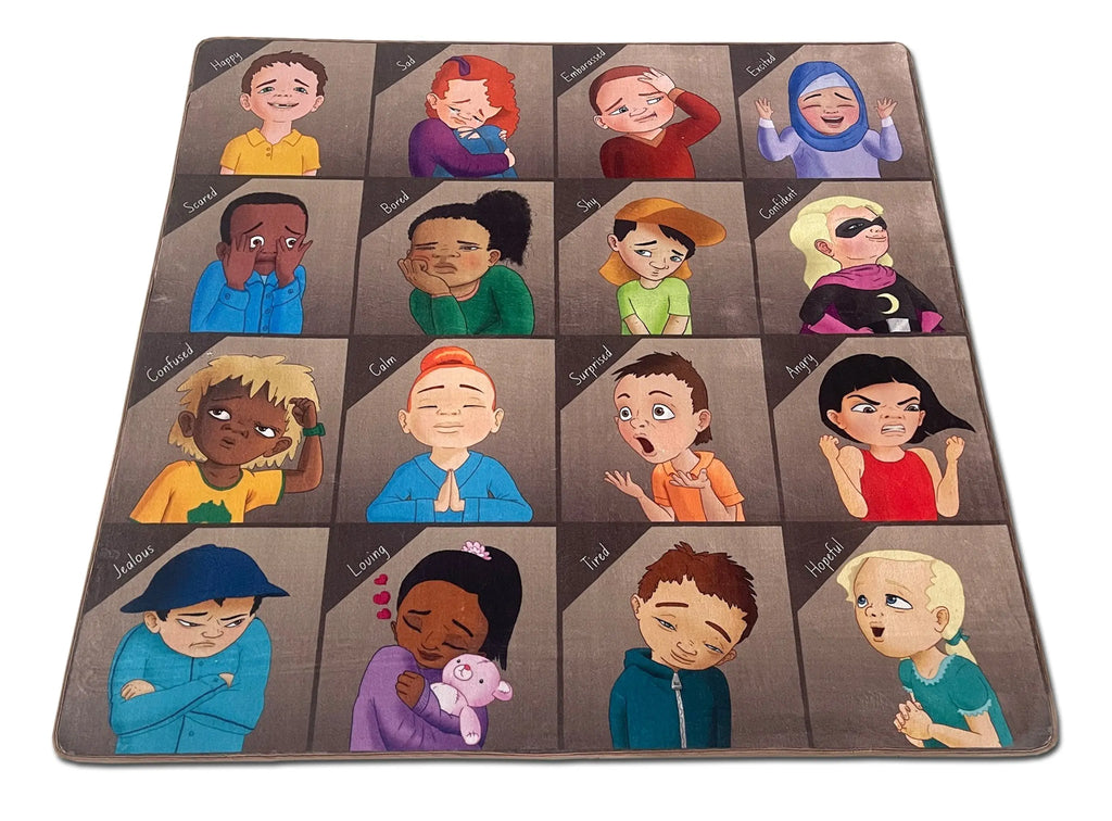 Emotions Faces Rug — Australian-made classroom rug for emotional literacy and SEL, early childhood resource