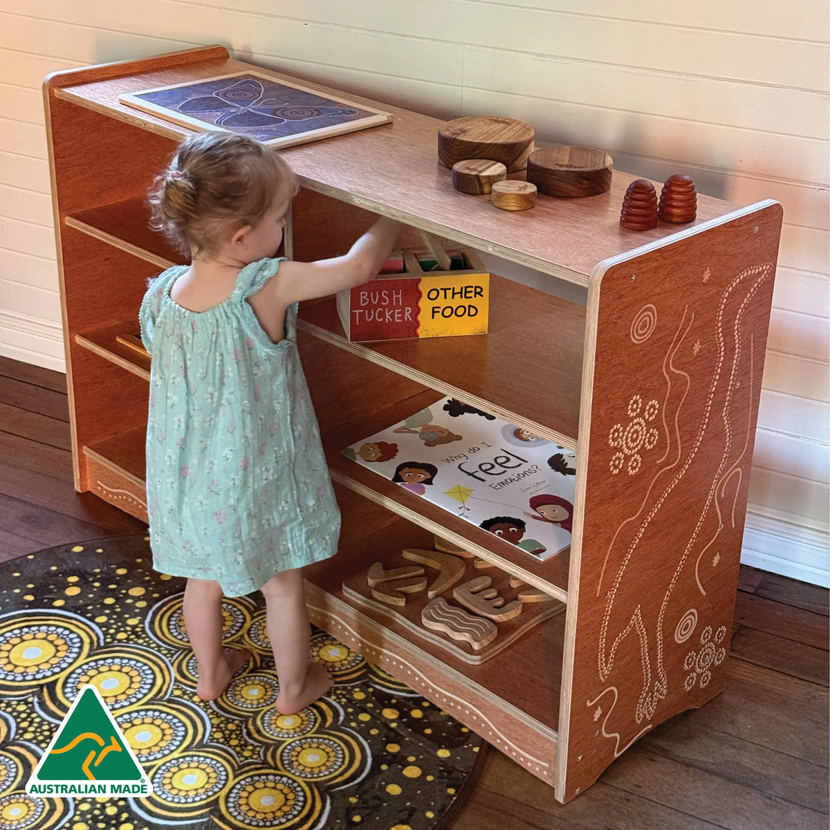 Emu in the Sky Shelf Unit — Australian-made Aboriginal emu-shaped 120cm wooden shelf unit for classrooms