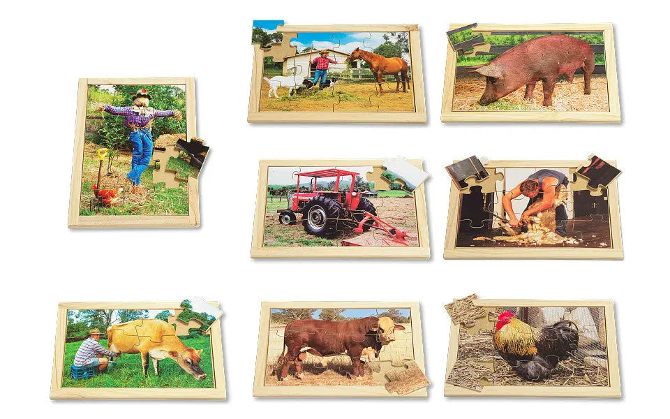 Farm Puzzle Set with FREE Posters 8 Puzzles — Australian-made wooden farm animal puzzles for classrooms
