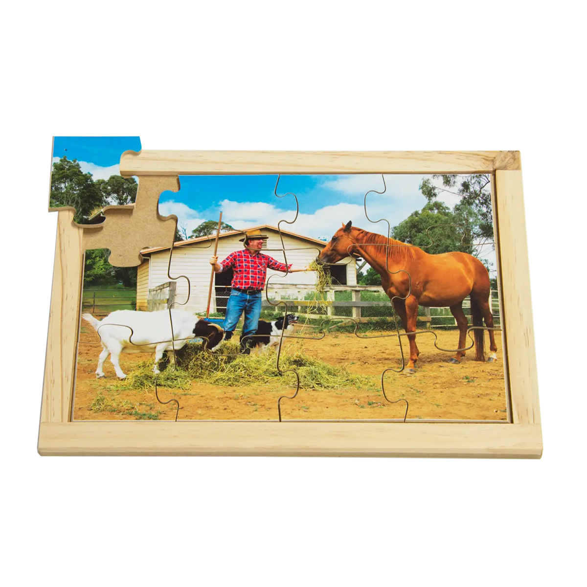 Farmer Feeding Animals Farm Puzzle — hand-painted wooden jigsaw puzzle — Australian-made farm learning resource