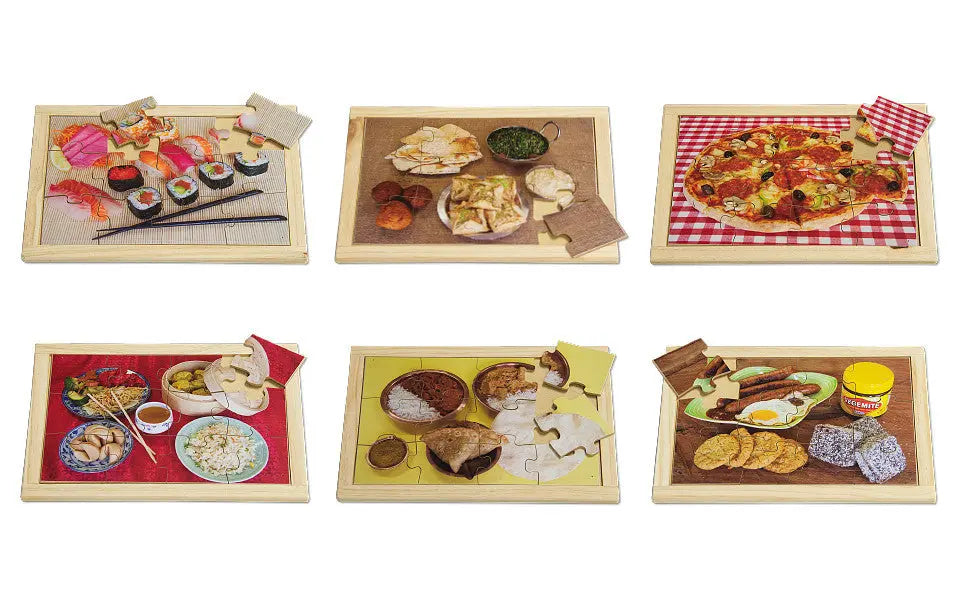 Food of the World Puzzle Set with FREE Posters — Australian-made wooden world cuisine puzzles for classrooms