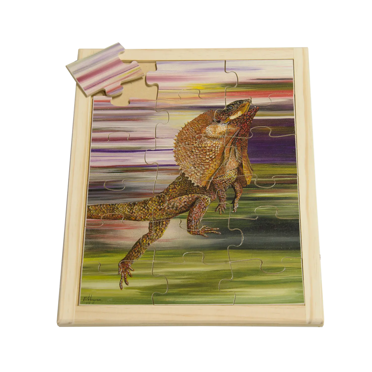 Frilled-neck Lizard Puzzle — hand-painted wooden jigsaw puzzle — Australian-made Australian animals resource