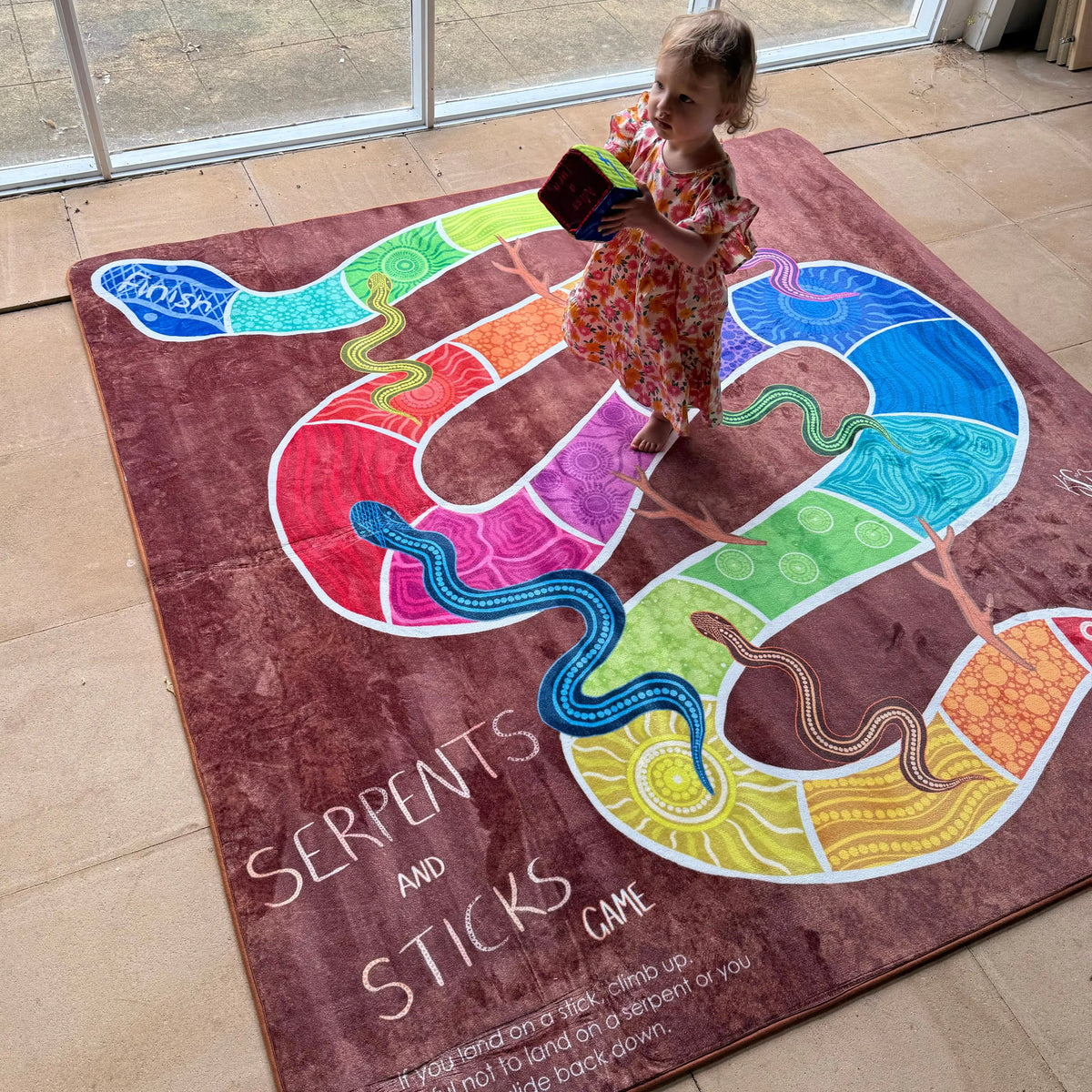 Serpents and Sticks Rug Game with soft Dice — alternative view of Indigenous classroom rug game