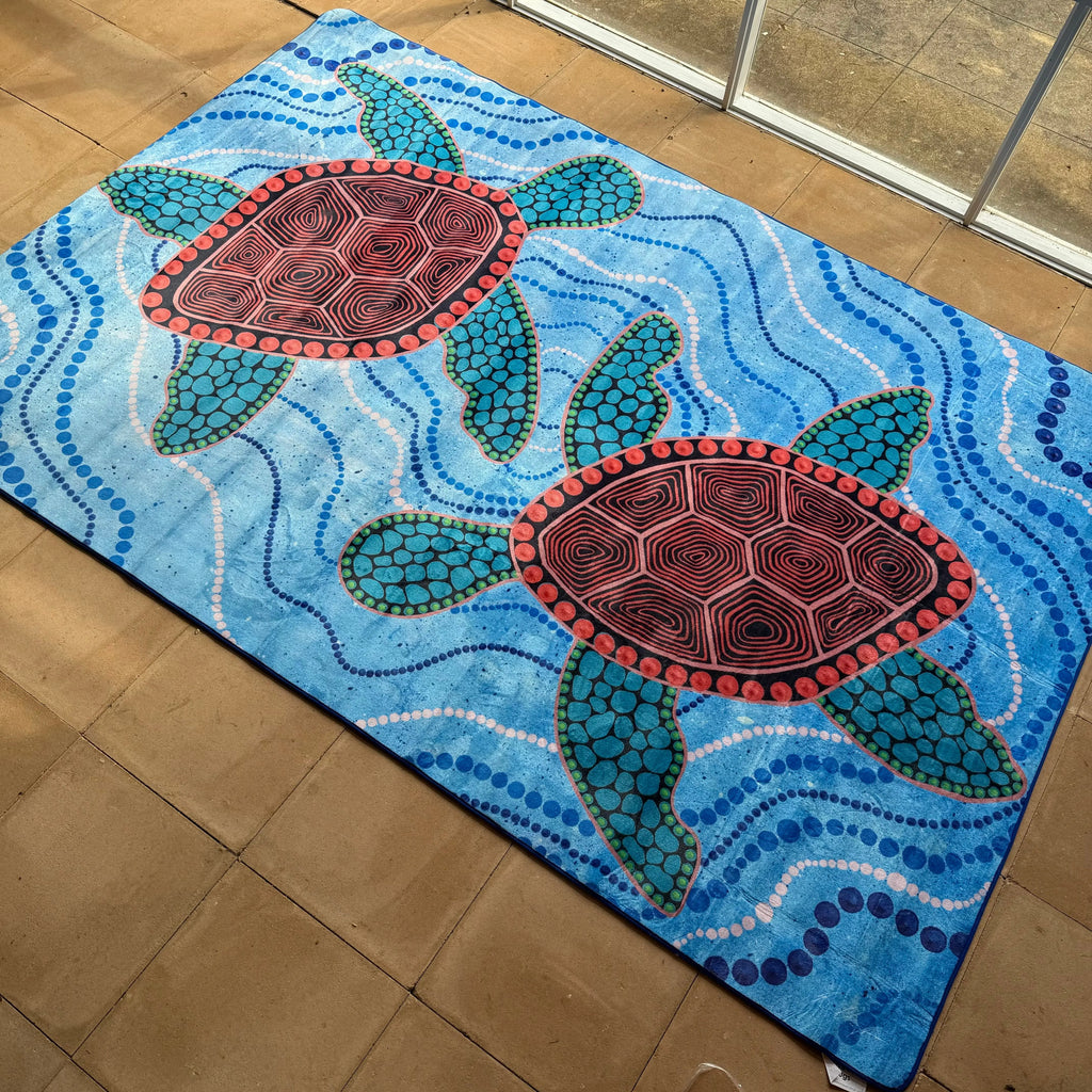 Turtles Dreaming Indigenous Rug — classroom display view