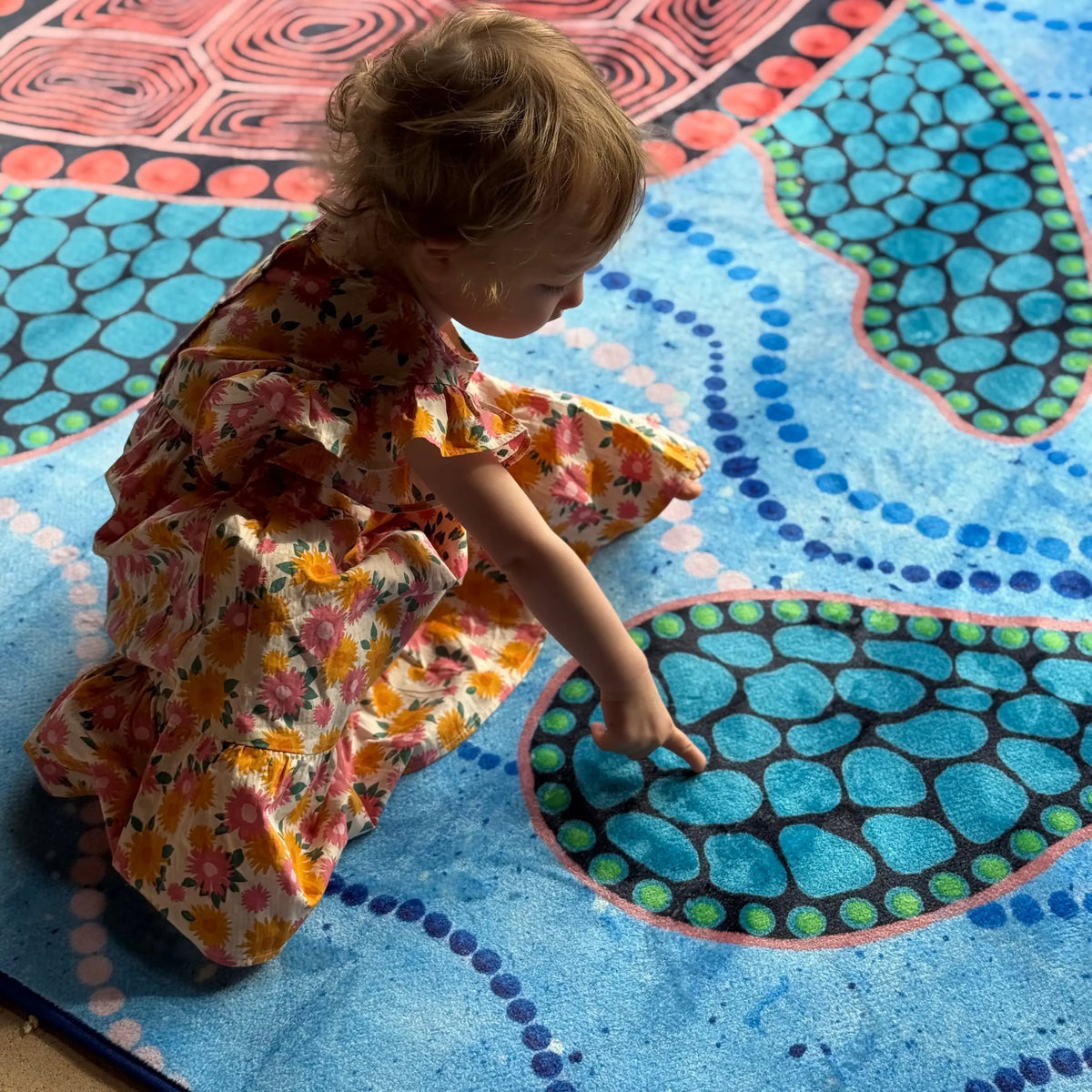 Turtles Dreaming Indigenous Rug — fourth classroom display view