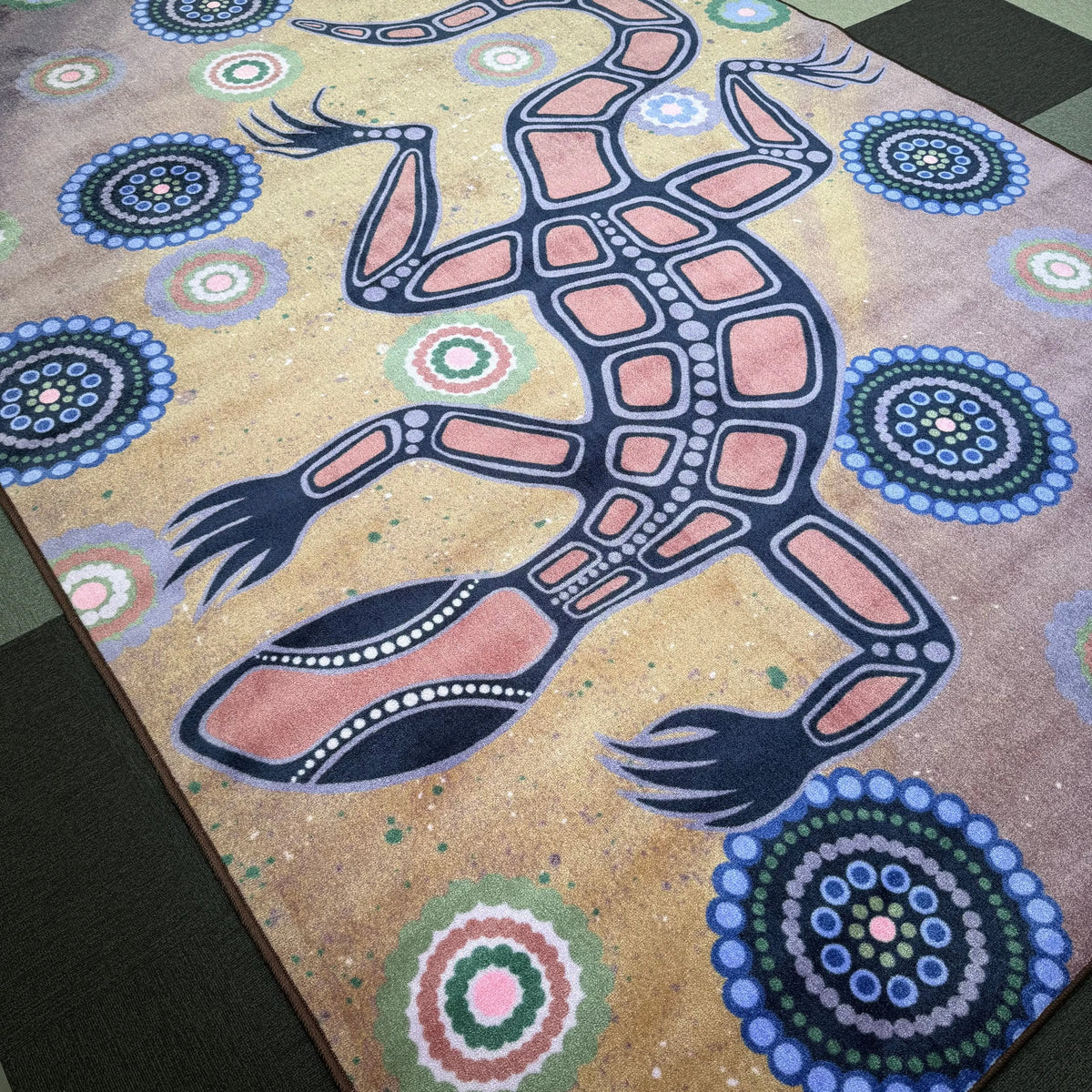 Dirawong the Goanna rug full design view — premium soft pile Aboriginal art classroom rug featuring the powerful Goanna Dreamtime figure