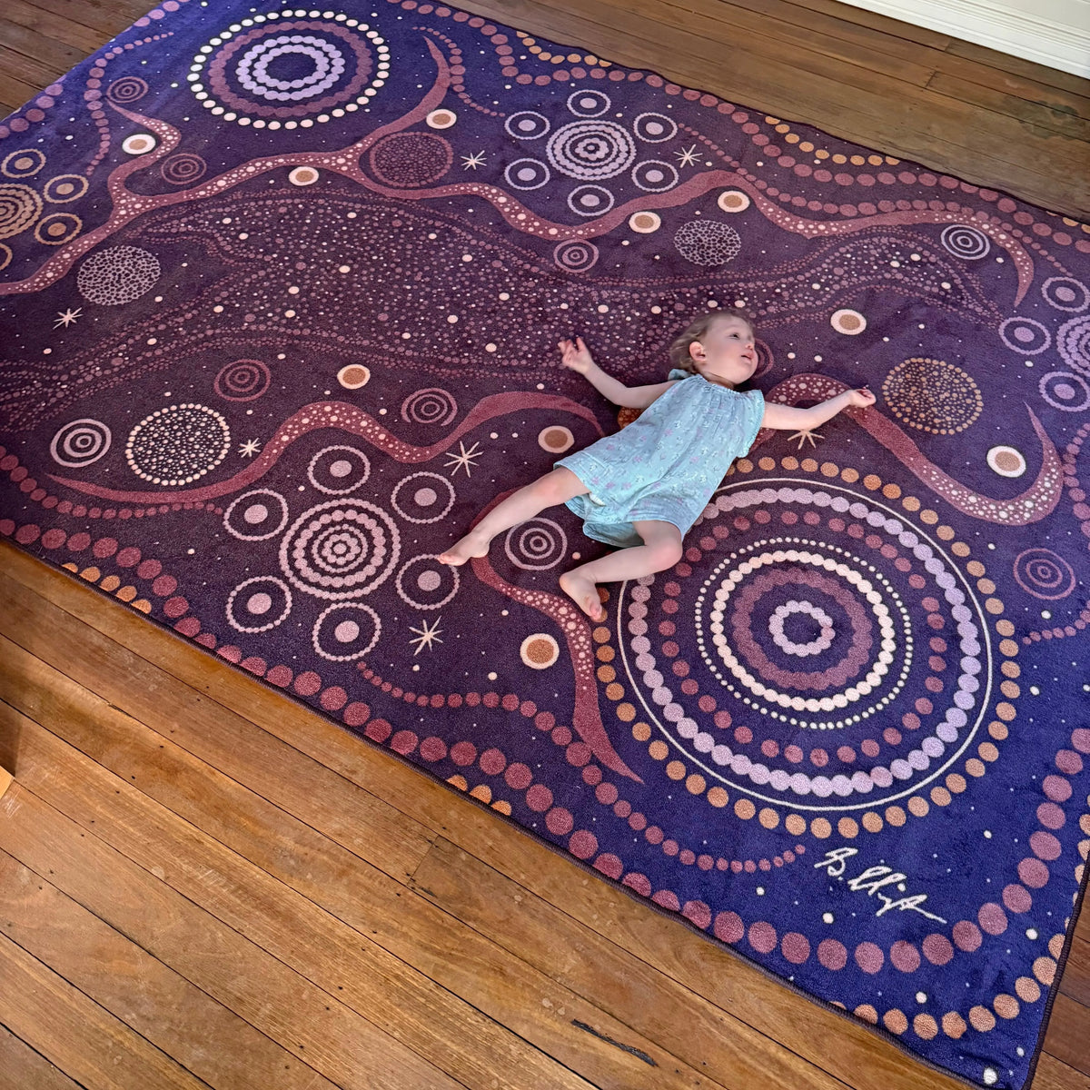 Emu in the Sky rug full design view — premium soft pile Indigenous art classroom rug inspired by Aboriginal astronomy and the Emu constellation
