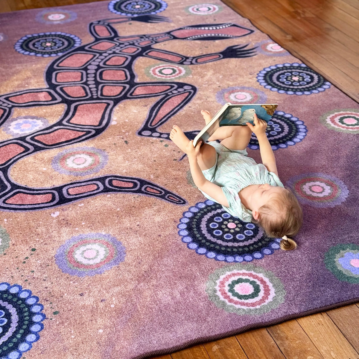 Dirawong the Goanna classroom rug — Indigenous art rug celebrating the Goanna Dreamtime spirit for Australian early childhood classrooms