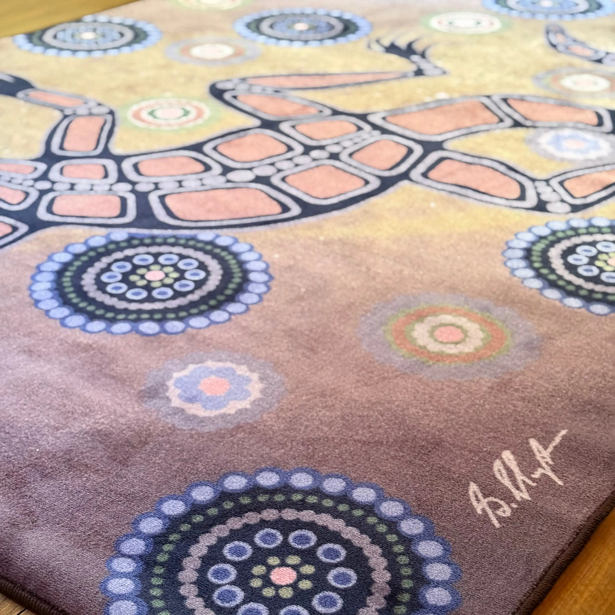 Dirawong the Goanna rug in classroom — children sitting on Indigenous art rug during group time celebrating Aboriginal Dreamtime stories