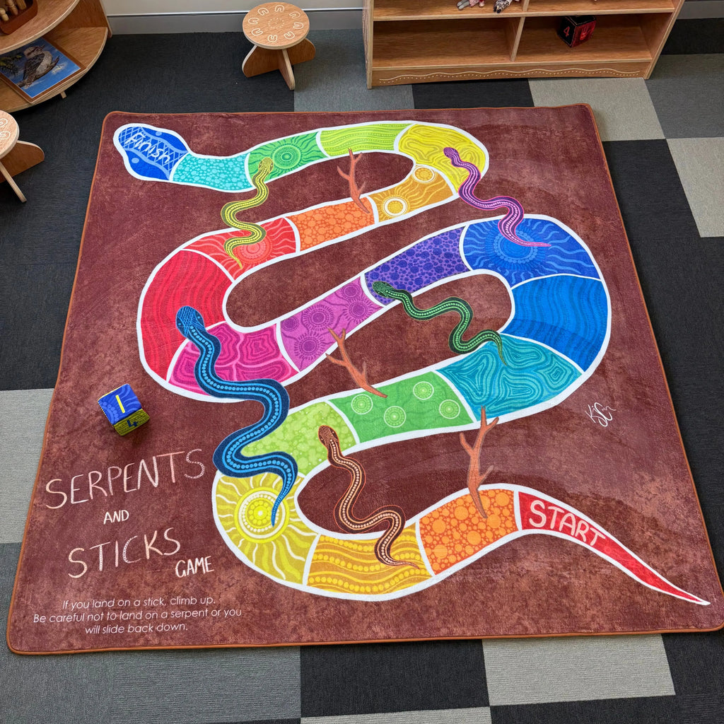 Serpents and Sticks Indigenous rug game with soft dice — Aboriginal art classroom rug game by Kiz Costelloe for Australian early childhood