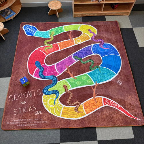 Serpents and Sticks Indigenous rug game with soft dice — Aboriginal art classroom rug game by Kiz Costelloe for Australian early childhood
