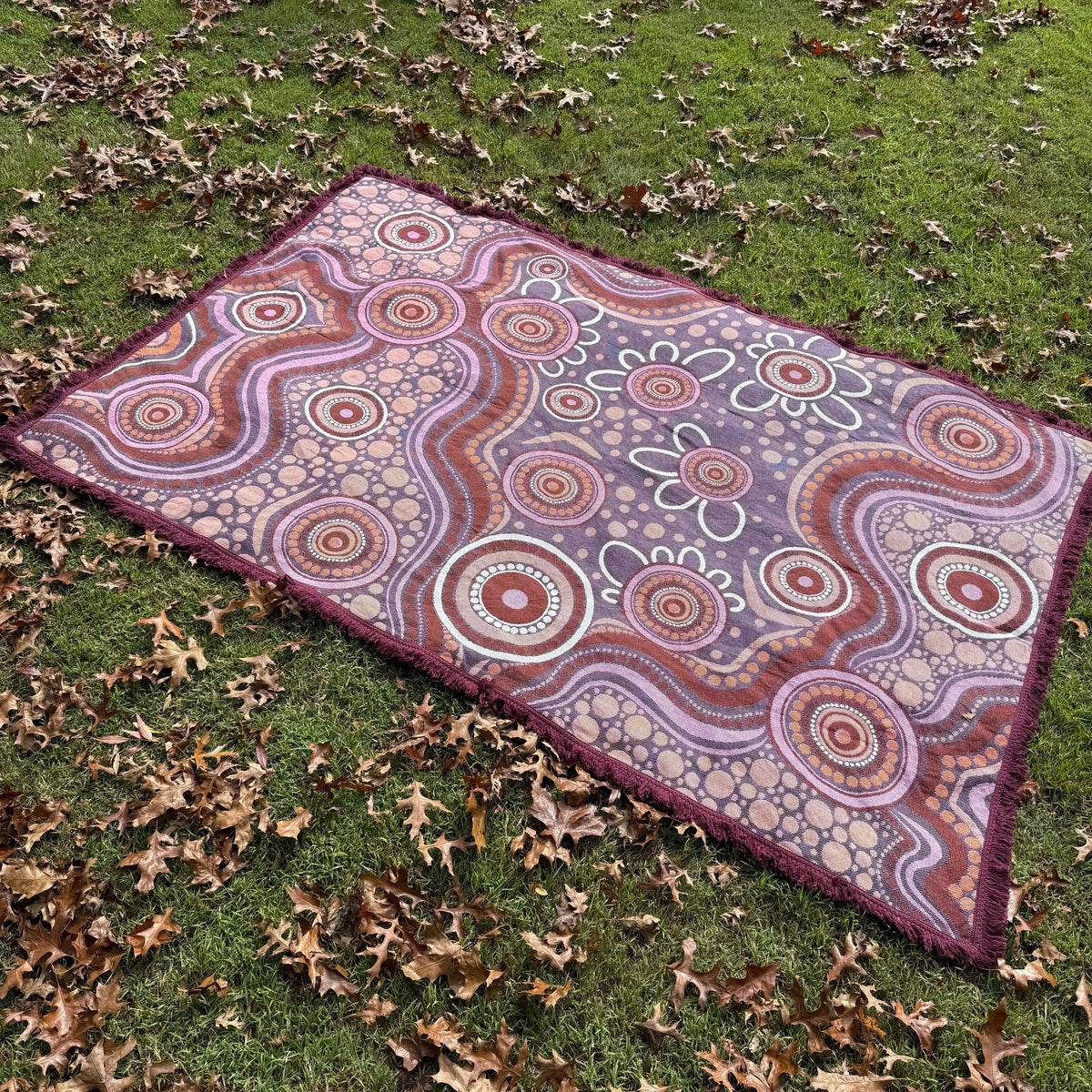 Sand Dreaming Cotton Throw full design view — Aboriginal art cotton throw celebrating sand drawing traditions for Australian classrooms