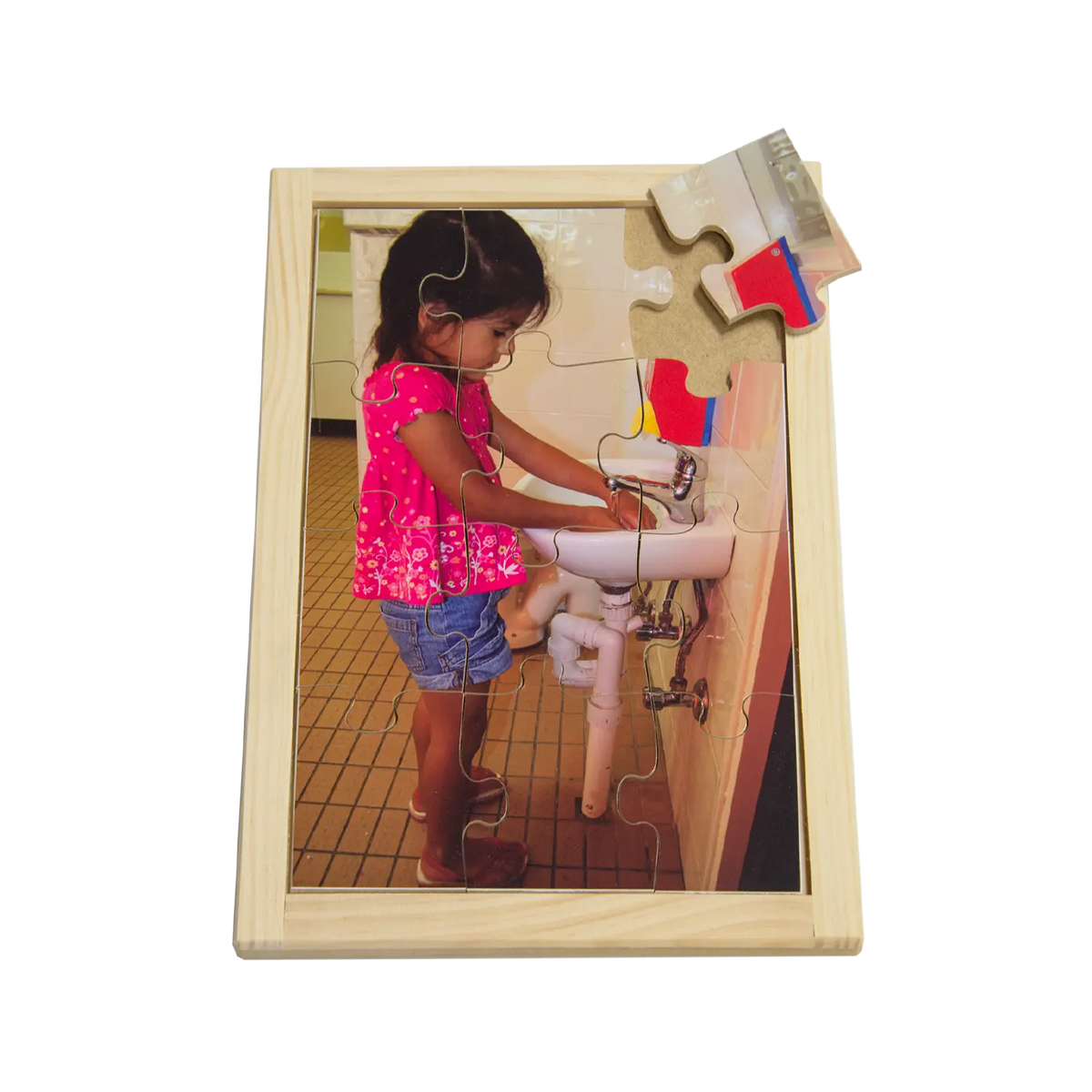 Indian Girl Washing Hands Puzzle — hand-painted wooden jigsaw puzzle — Australian-made multicultural resource