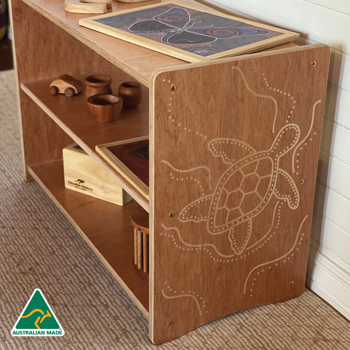 Indigenous Turtle Shelf 60cm — angled view of turtle bookshelf