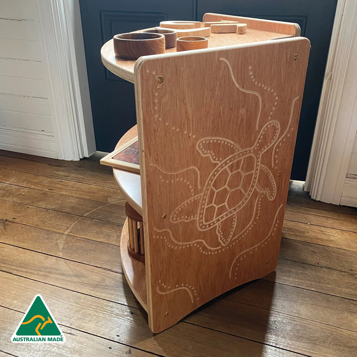 Indigenous Turtle Shelf Curved 60cm — side view of curved turtle bookshelf
