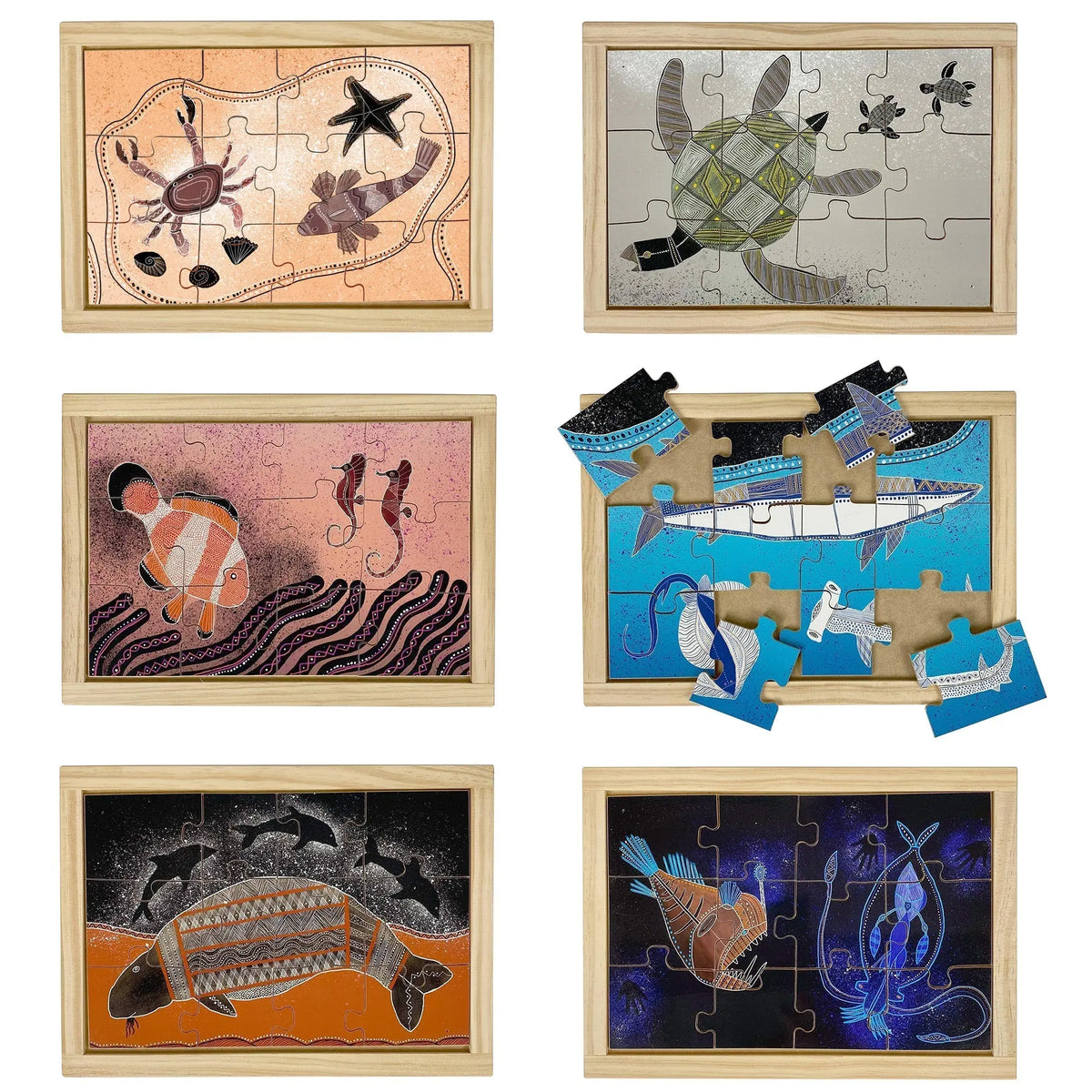 Indigenous Sea Creatures Puzzle Set with FREE Posters — Australian-made wooden Indigenous sea creature puzzle set