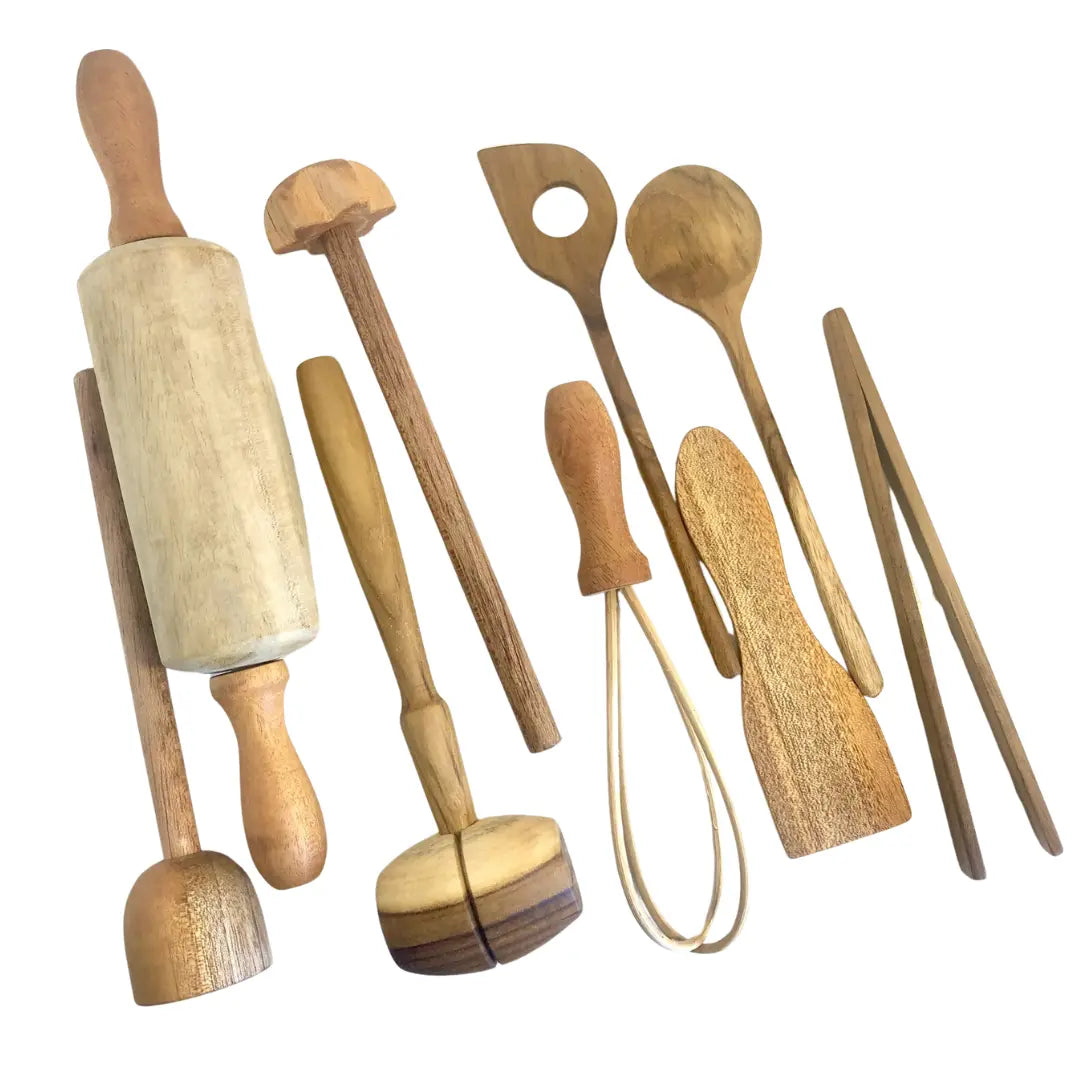 Kitchen Utensils Set of 9 — wooden kitchen utensils set of 9 for early childhood imaginative play
